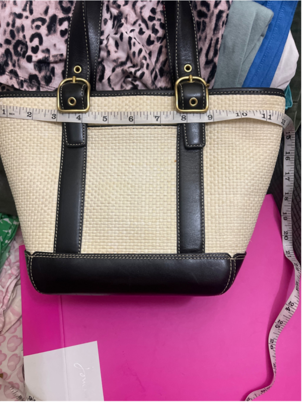 Coach Straw & Leather Tote Bag Beige Black small size - Picture 12 of 13